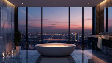 An opulent bathroom offering a panoramic cityscape at dusk, with a glowing freestanding tub and reflective marble floors creating an ambiance of luxury. - obrazy, fototapety, plakaty
