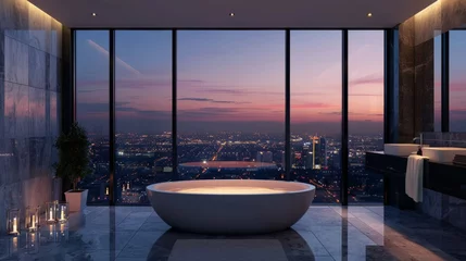 Poster An opulent bathroom offering a panoramic cityscape at dusk, with a glowing freestanding tub and reflective marble floors creating an ambiance of luxury. © doraclub