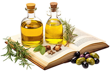 Open Book With Olives and Oil. On a White or Clear Surface PNG Transparent Background..