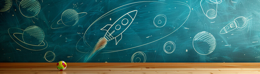 Back to school concept rocket sketch on blue chalkboard