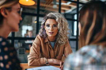 Friendly multiracial corporate female team collaborate at office interacting brainstorming creating sales strategy. Group of four diverse ladies coworkers meet together at workplace to develop project