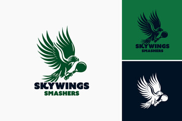 Sky Wings Smasher Padel logo. Wings stretching over a padel racket, signifying speed and aerial dominance. Ideal for padel equipment manufacturers or players emphasizing agility.