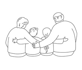 Grandfather and grandmother are hugging a granddaughter and grandson. Back view. Vector isolated illustration in line style.	
