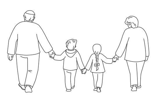 Grandparents are walking together with grandchildren. Back view. Vector isolated illustration in line style.