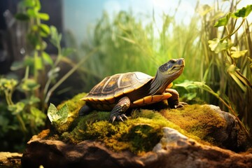 turtle on a rock basking in the sun