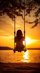 silhouette of a person sitting on a swing. at sunset. A girl rides on a swing in the glow of the evening sun. Rear view . Close-up.