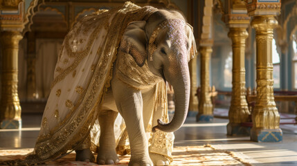 Picture a chic elephant in a flowing silk sarong, adorned with intricate patterns and golden bangles. Against a backdrop of Indian palaces, it exudes regal elegance and cultural richness. Mood: majest