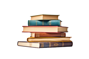 Stack of Books on Table. On a White or Clear Surface PNG Transparent Background..