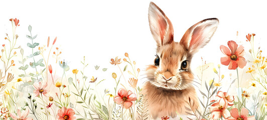 Obraz premium A cute watercolor illustration of a bunny surrounded by floral elements, perfect for Easter and spring-themed decorations.