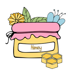 Small glass bottle with honey, flowers, honeycombs. Natural bee products. Healthy food. Colored doodle illustration isolated on white background. Hand drawn sketch in bright colors. Kids illustration.