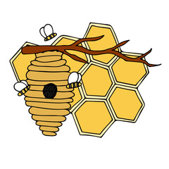 Wild beehive on branch, bees and honeycombs. Natural bee products. Healthy food. Colored doodle illustration isolated on white background. Hand drawn sketch in bright colors. Kids illustration.