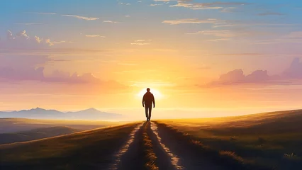 Fotobehang A human figure walking towards a sunrise, with the path illuminated, Background Image © Appu