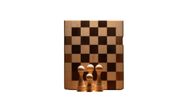 Chess Pieces on Wooden Board. On a White or Clear Surface PNG Transparent Background..