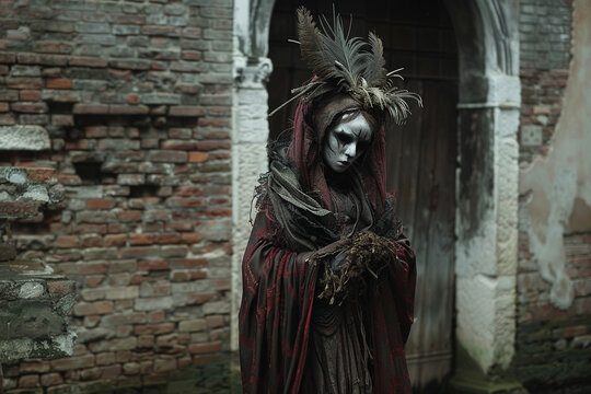 Lone figure in traditional Venetian costume post-apocalypse