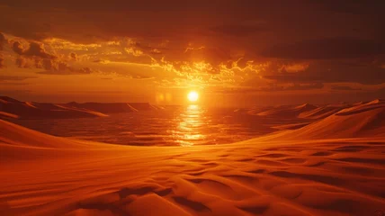 Tuinposter A mystical surreal sandy landscape in red and orange tones in the desert at dawn or sunset. Futuristic terrain © CaptainMCity