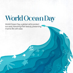 Illustration of an ocean wave on a blue background. Text reads 