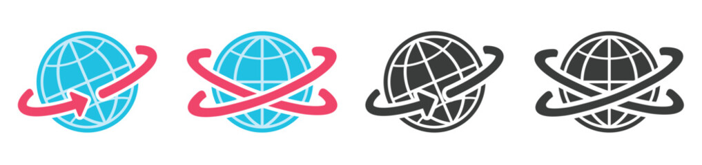 Orbit of satellite around earth planet icon vector simple graphic set, world spin rotation direction trajectory arrow symbol, sphere turning travel circuit pictogram, global network tech image clipart - obrazy, fototapety, plakaty