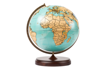 Blue and Gold Globe on Wooden Stand. On a White or Clear Surface PNG Transparent Background..