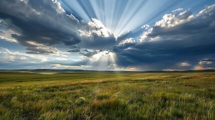 Sunlight breaking through storm clouds over a vast