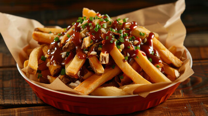 Canadian Poutine food dish with French fries and cheese curds topped with a brown gravy