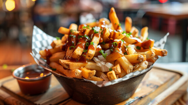 Canadian Poutine food dish with French fries and cheese curds topped with a brown gravy