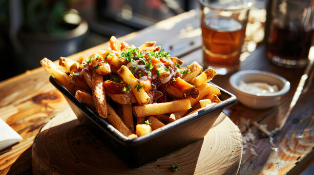 Canadian Poutine food dish with French fries and cheese curds topped with a brown gravy