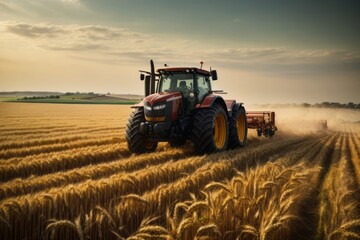 Tractor machines harvest wheat in rural wheat plantations to produce high productivity crops. agriculture, farming and harvesting concept - obrazy, fototapety, plakaty
