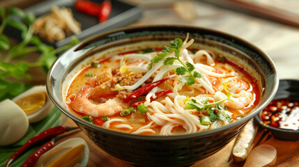 Penang assam laksa dish on a table a Malaysian spicy noodle dish popular in Southeast Asia - obrazy, fototapety, plakaty
