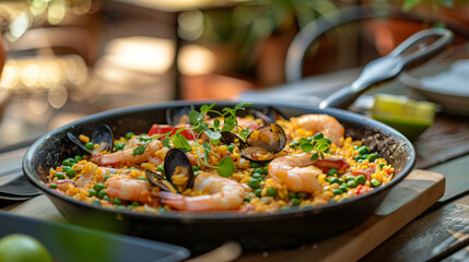 Spanish Paella dish on a table a Spain specialty rice dish originally from the Valencian Community