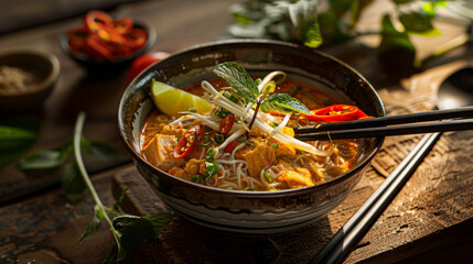 Penang assam laksa dish on a table a Malaysian spicy noodle dish popular in Southeast Asia - obrazy, fototapety, plakaty