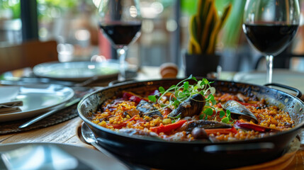 Spanish Paella dish on a table a Spain specialty rice dish originally from the Valencian Community