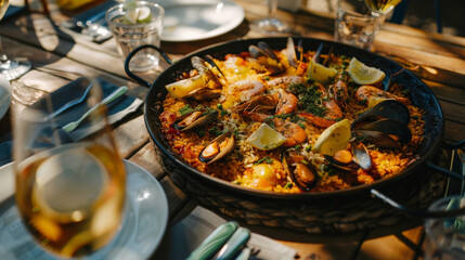 Spanish Paella dish on a table a Spain specialty rice dish originally from the Valencian Community - obrazy, fototapety, plakaty