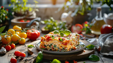 Veggie lasagna dish on a table showing the Italian traditional food made of layers of lasagna pasta...