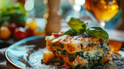 Veggie lasagna dish on a table showing the Italian traditional food made of layers of lasagna pasta...