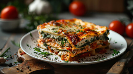 Veggie lasagna dish on a table showing the Italian traditional food made of layers of lasagna pasta and vegetables