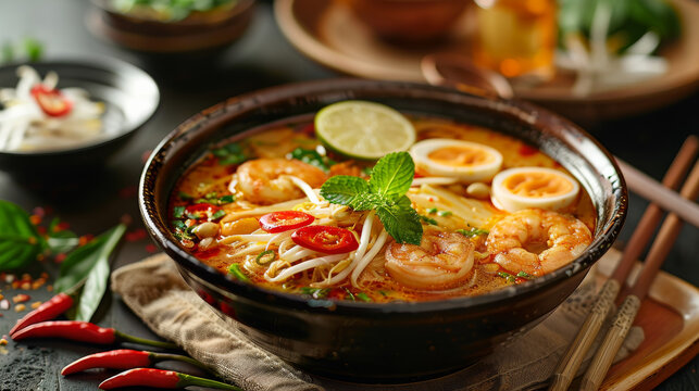 Penang assam laksa dish on a table a Malaysian spicy noodle dish popular in Southeast Asia