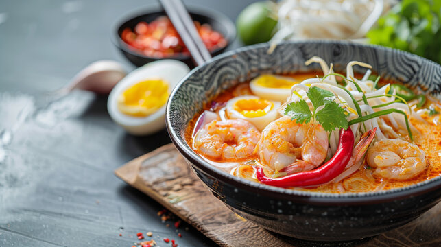 Penang assam laksa dish on a table a Malaysian spicy noodle dish popular in Southeast Asia