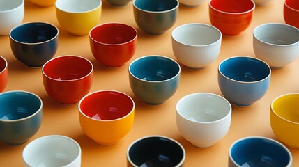 Capture the elegance of a set of cups from an aerial view, showcasing their unique design and versatility Emphasize the cups sleek shapes and vibrant colors