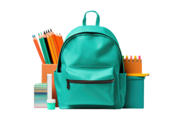 Green Backpack With Pencil Holder, Pens, and Pencils. On a White or Clear Surface PNG Transparent Background..