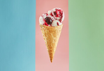 Ice cream cone with strawberry and vanilla ice cream on pastel pink background