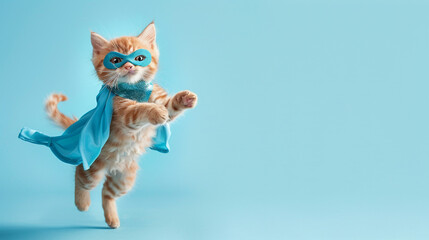 superhero cat with a blue cloak and mask jumping and flying on light blue background with copy space.