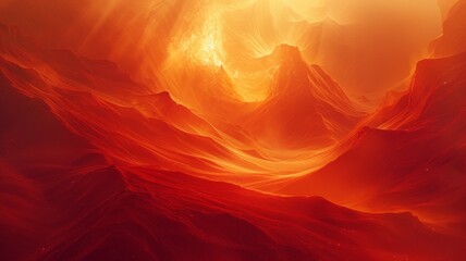 A mystical surreal sandy landscape in red and orange tones in the desert at dawn or sunset. Futuristic terrain
