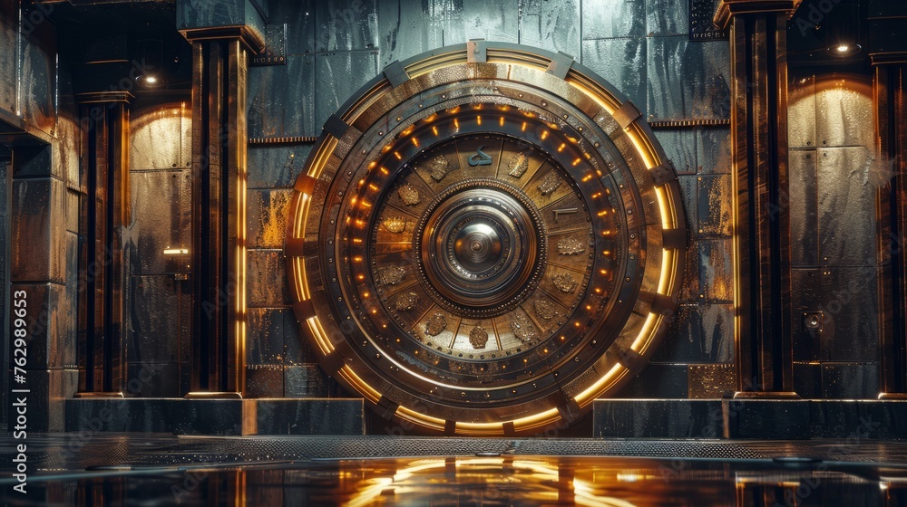 Poster a secure bank vault with a shield conveys the concept of robust security measures in banking systems