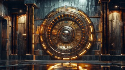 A secure bank vault with a shield conveys the concept of robust security measures in banking systems.