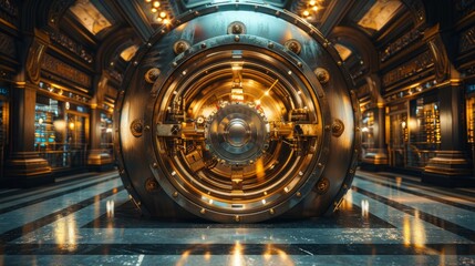 Obraz premium A fortress of finance: Impressive bank vault door symbolizing ultimate protection against crime, with a touch of artistic lighting