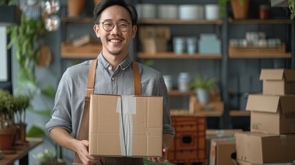 Young Asian man is holding big box of goods in his hands, smiling and standing at the desk wearing an apron with several cardboard box on shelves behind him. Online sales marketing concept