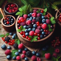 freshly picked forest berries (lingonberry, blueberry, raspberry)