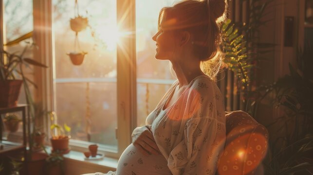 pregnancy, motherhood, people and expectation concept - close up of happy pregnant woman with big belly in kitchen and sunlight