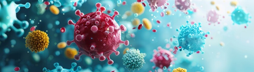 Illustration depicting a close-up view of various colorful virus particles suspended in a fluid environment, representing microbiology and virology concepts. - obrazy, fototapety, plakaty