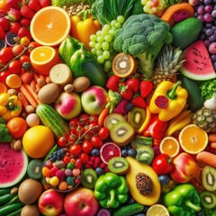 Colorful raw fruits and vegetables varied vegan food